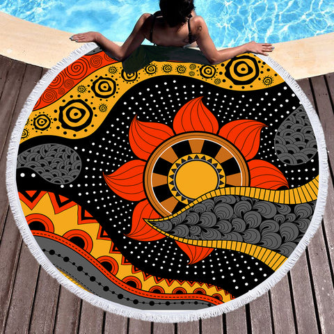Image of Colorful Modern Japanese Art Mandala Black SWST4235 Round Beach Towel