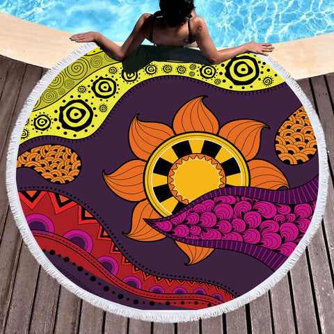 Image of Colorful Modern Japanese Art Mandala Purple SWST4236 Round Beach Towel