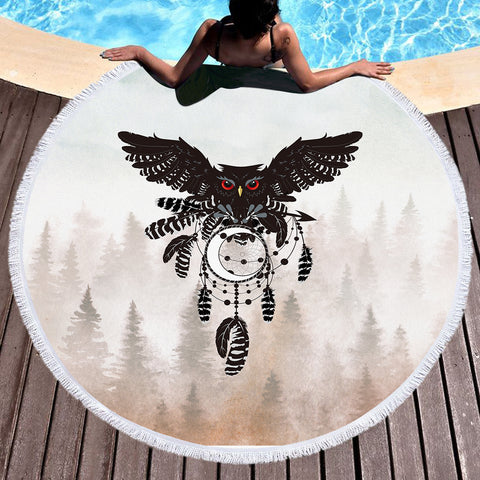 Image of Dark Owl Dream Catcher Forest  SWST4241 Round Beach Towel