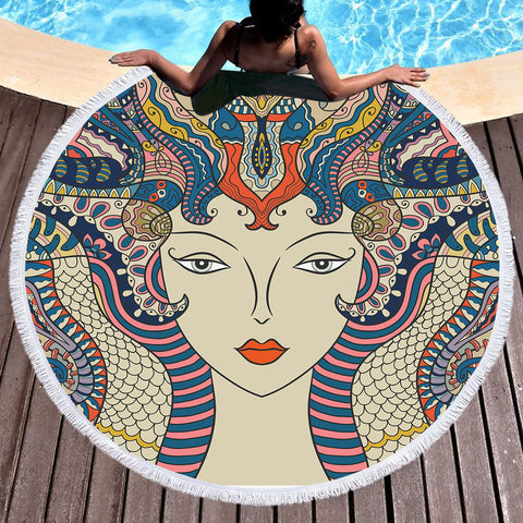 Image of Aztec Snake Lady SWST4284 Round Beach Towel