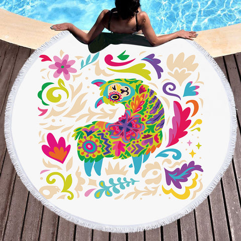 Image of Colorful Mandala Cute Alapaca SWST4286 Round Beach Towel