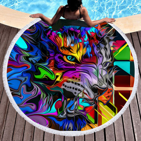 Image of Colorful Curve Art Wolf SWST4288 Round Beach Towel