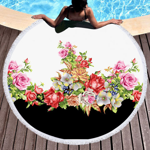 Image of Multi Flowers B&W Theme SWST4295 Round Beach Towel