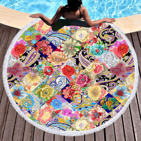 Image of Multi Mandala & Flowers Checkerboard SWST4296 Round Beach Towel