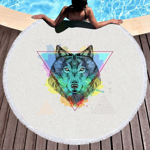 Image of Colorful Splash Watercolor Wolf SWST4299 Round Beach Towel