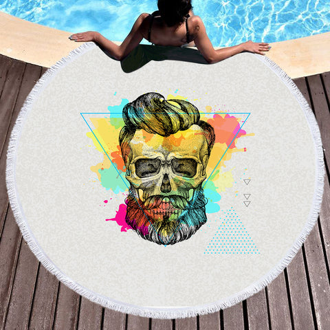 Image of Pastel Watercolor Splash Barber Skull SWST4306 Round Beach Towel