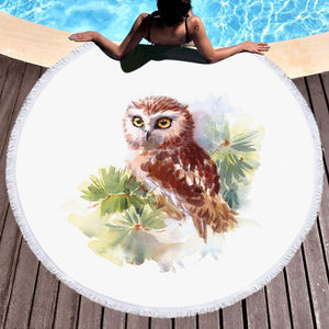 Owl On Tree Watercolor Painting SWST4397 Round Beach Towel