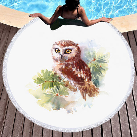 Image of Owl On Tree Watercolor Painting SWST4397 Round Beach Towel