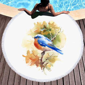 Blue Sparrow White Theme Watercolor Painting SWST4401 Round Beach Towel