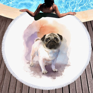 White Pug Colorful Theme Watercolor Painting SWST4403 Round Beach Towel