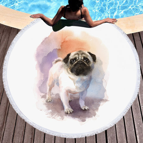 Image of White Pug Colorful Theme Watercolor Painting SWST4403 Round Beach Towel