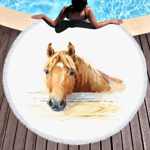Brown Horse Watercolor Painting SWST4406 Round Beach Towel