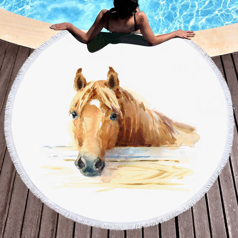 Image of Brown Horse Watercolor Painting SWST4406 Round Beach Towel