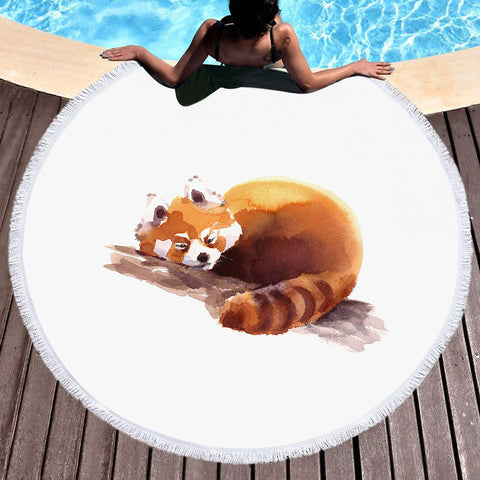 Image of Lazy Orange Racoon Watercolor Painting SWST4411 Round Beach Towel