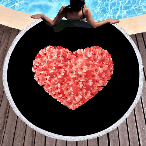 Image of Multi Pink Flowers In Heart Shape Black Theme SWST4414 Round Beach Towel