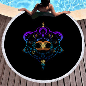 Galaxy Moon Gradient Mint & Purple Zodiac Black Theme SWST4416 Round Beach Towel