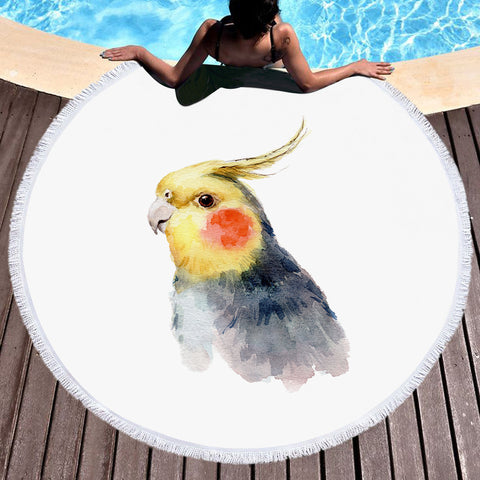 Image of Yellow & Black Parrot White Theme Watercolor Painting SWST4417 Round Beach Towel