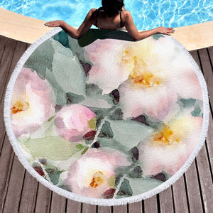 Pink Lotus & Green Leaves Watercolor Painting SWST4418 Round Beach Towel