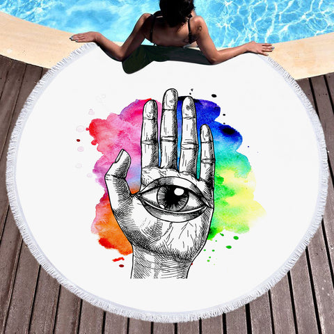 Image of Eye In Hand Sketch Colorful Galaxy Background SWST4420 Round Beach Towel