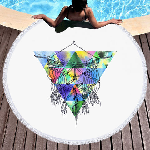 Image of Dreamcatcher Sketch Colorful Triangles Background SWST4422 Round Beach Towel