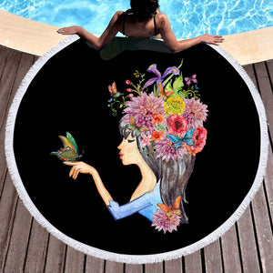 Butterfly Standing On Hand Of Floral Hair Lady SWST4424 Round Beach Towel