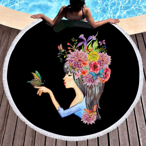 Image of Butterfly Standing On Hand Of Floral Hair Lady SWST4424 Round Beach Towel