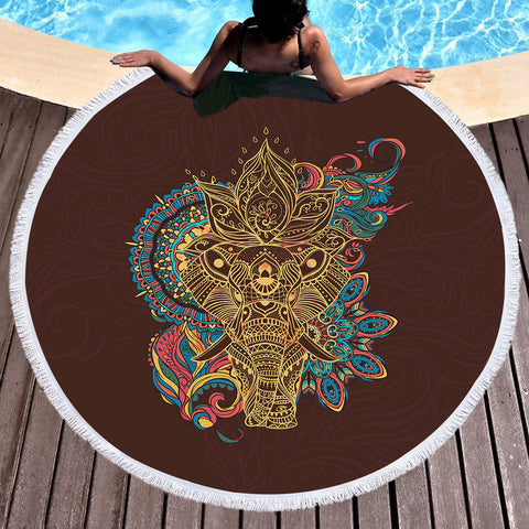 Image of Golden Elephant Buddha Mandala Brown Theme SWST4425 Round Beach Towel