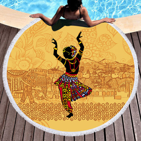 Image of Dancing Egyptian Lady In Aztec Clothes SWST4426 Round Beach Towel