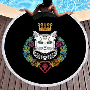 Colorful Flowers & White Cat Crown SWST4427 Round Beach Towel