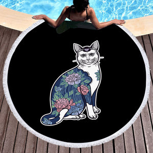 Vintage Floral Navy Cat SWST4428 Round Beach Towel
