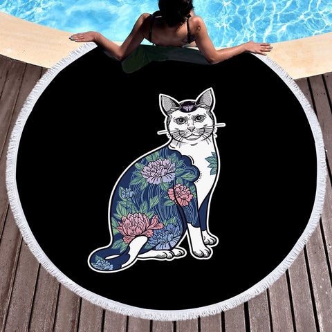 Image of Vintage Floral Navy Cat SWST4428 Round Beach Towel