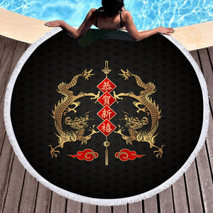 Twin Chinese Golden Dragon SWST4429 Round Beach Towel
