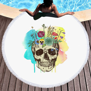 Colorful Flowers On Skull Watercolor Background SWST4430 Round Beach Towel