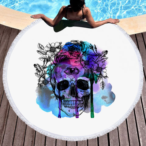 Image of Floral Skull Black Sketch Blue & Pink Watercolor SWST4433 Round Beach Towel