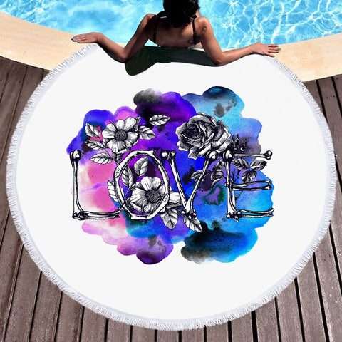 Image of Dark Love Bone and Flowers Blue & Pink Watercolor SWST4435 Round Beach Towel