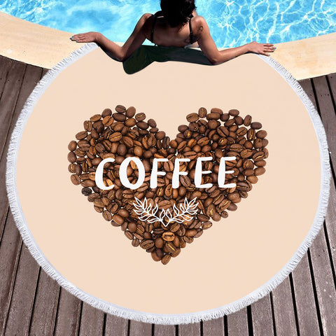 Image of Love In Coffee Bean - Heart Shape SWST4436 Round Beach Towel