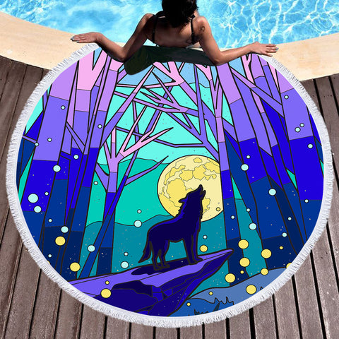 Image of Roaring Wolf In Jungle Night Illustration SWST4438 Round Beach Towel