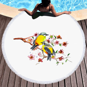 Yellow Sunbirds On Blossom Branchs SWST4439 Round Beach Towel