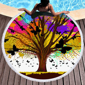 Colorful Huge Tree and Multi Butterflies SWST4440 Round Beach Towel