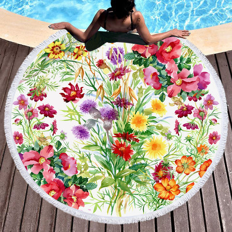 Image of Multi color Flowers In the Forest SWST4443 Round Beach Towel