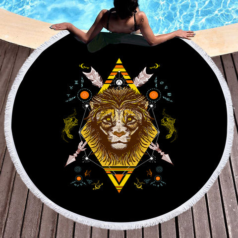 Image of Vintage Lion Arrows Aztec Illustration SWST4447 Round Beach Towel