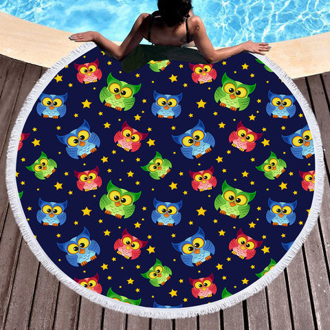 Image of Multi Cute Colorful Owls Night Sky Illustration  SWST4448 Round Beach Towel