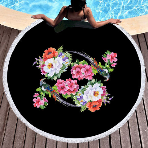 Image of Twin Flowers & Birds SWST4449 Round Beach Towel