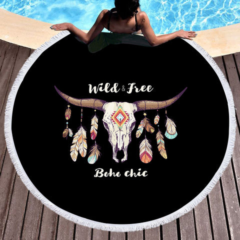 Image of Wild & Free Buffalo Skull and Dreamcatcher SWST4454 Round Beach Towel