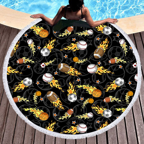 Image of Cartoon Sport Balls Fire SWST4489 Round Beach Towel