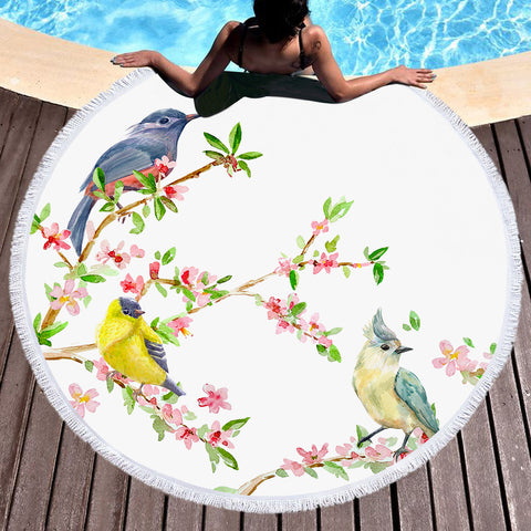 Image of Birds On Blossom Branchs SWST4492 Round Beach Towel