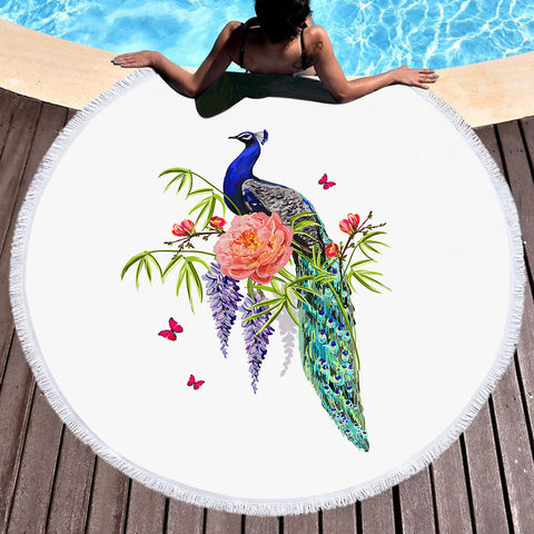 Image of Beautiful Floral Peacock SWST4502 Round Beach Towel