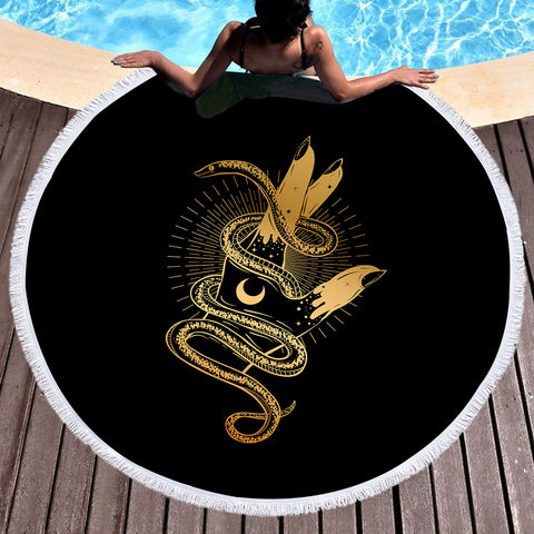 Image of Golden Snake Rolling Up Hand SWST4511 Round Beach Towel