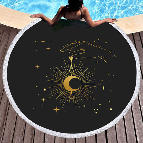 Image of Golden Hand Holding Moon Light SWST4514 Round Beach Towel