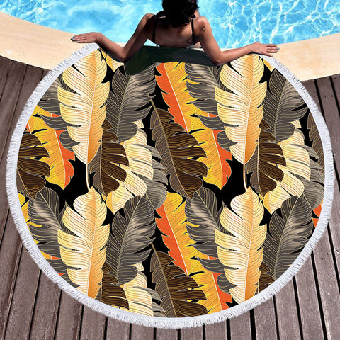 Image of Summer Earth Tone Orange Brown Monstera Leaves SWST4517 Round Beach Towel